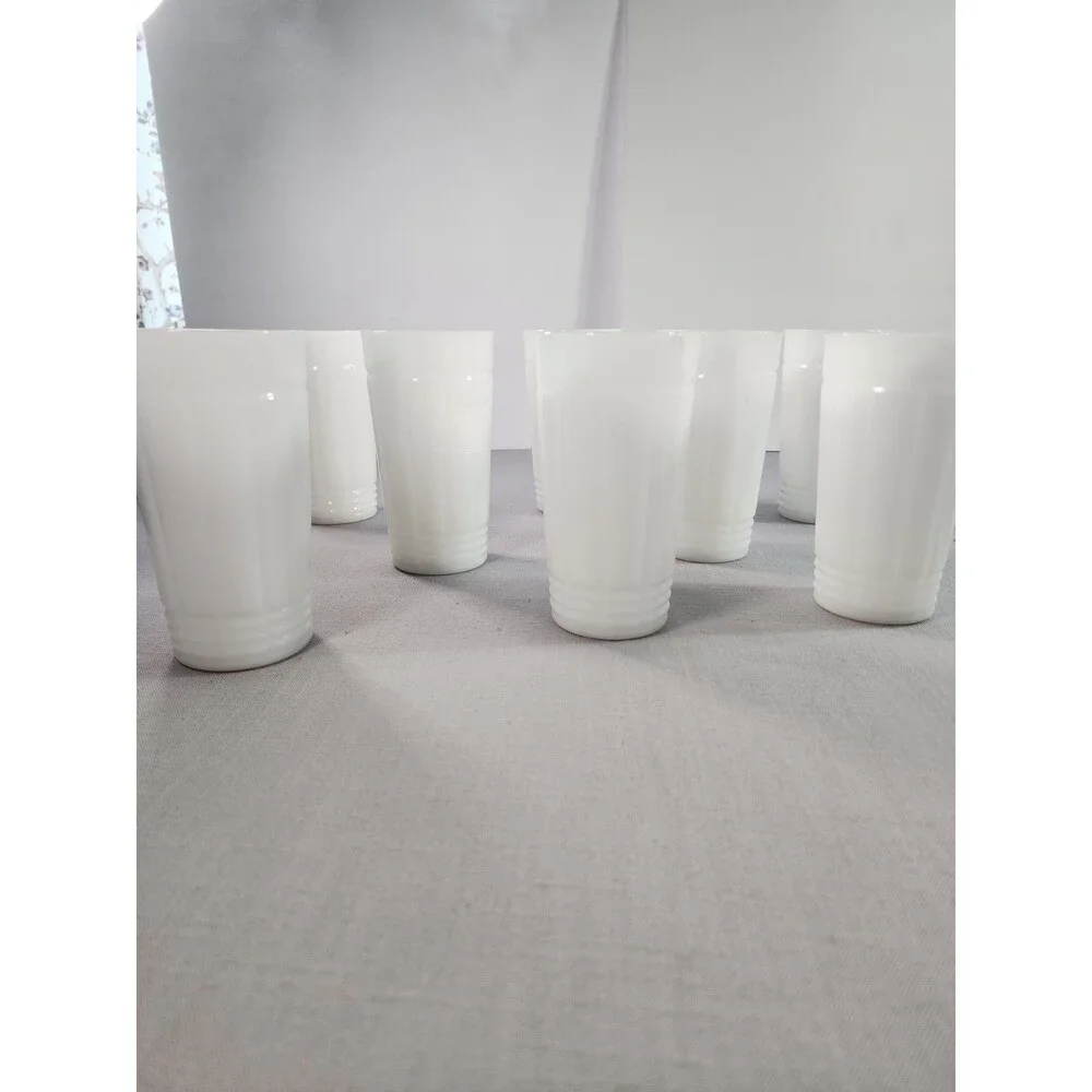 Set of 8 White Milk Glass Tumblers Ribbed Drinking Glasses Vintage Style